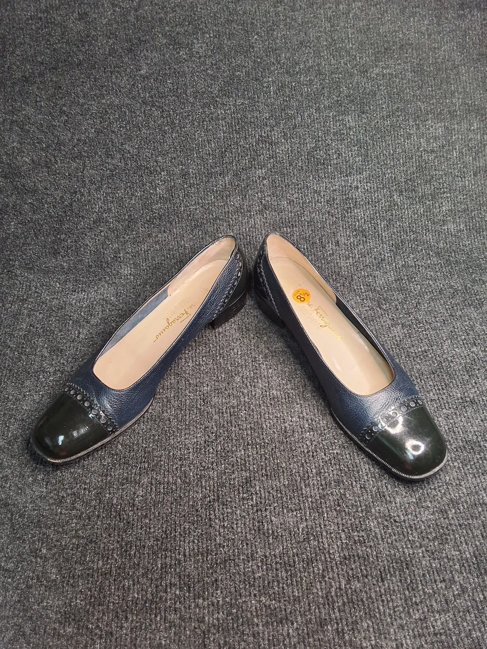Salvatore Ferragamo Navy and Black Cap-Toe Leather Flats